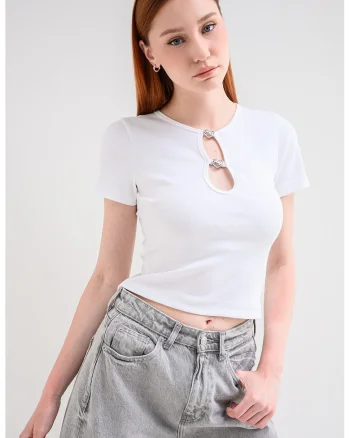 Tricou crop cu decupaje, Alb optic