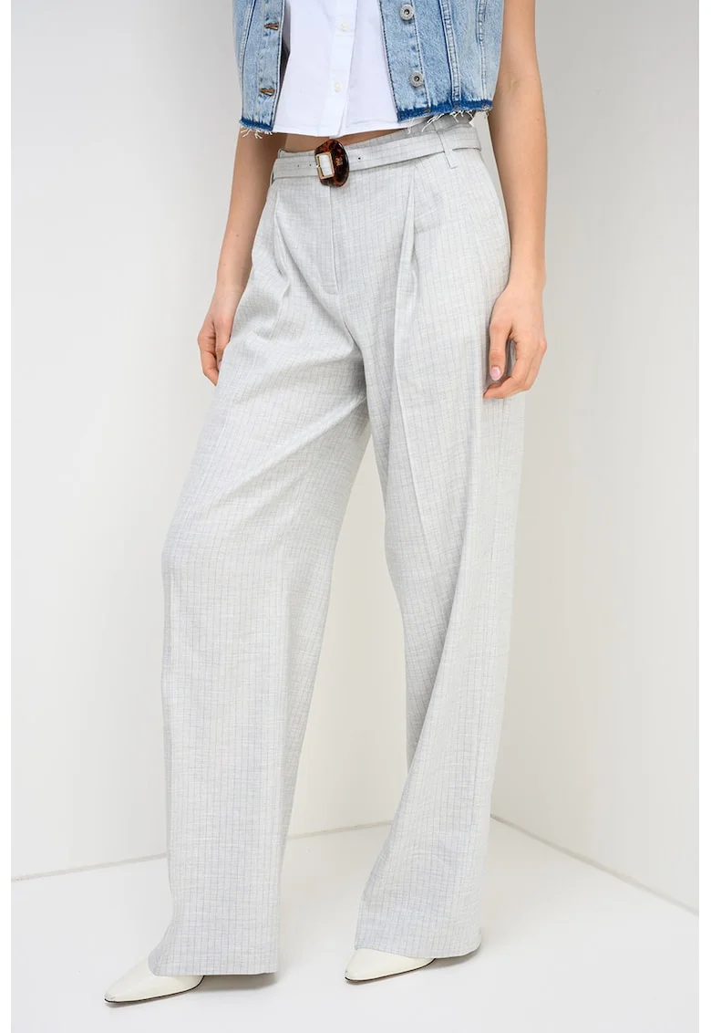Pantaloni drepti ampli din amestec de in, Kaki/Gri deschis melange