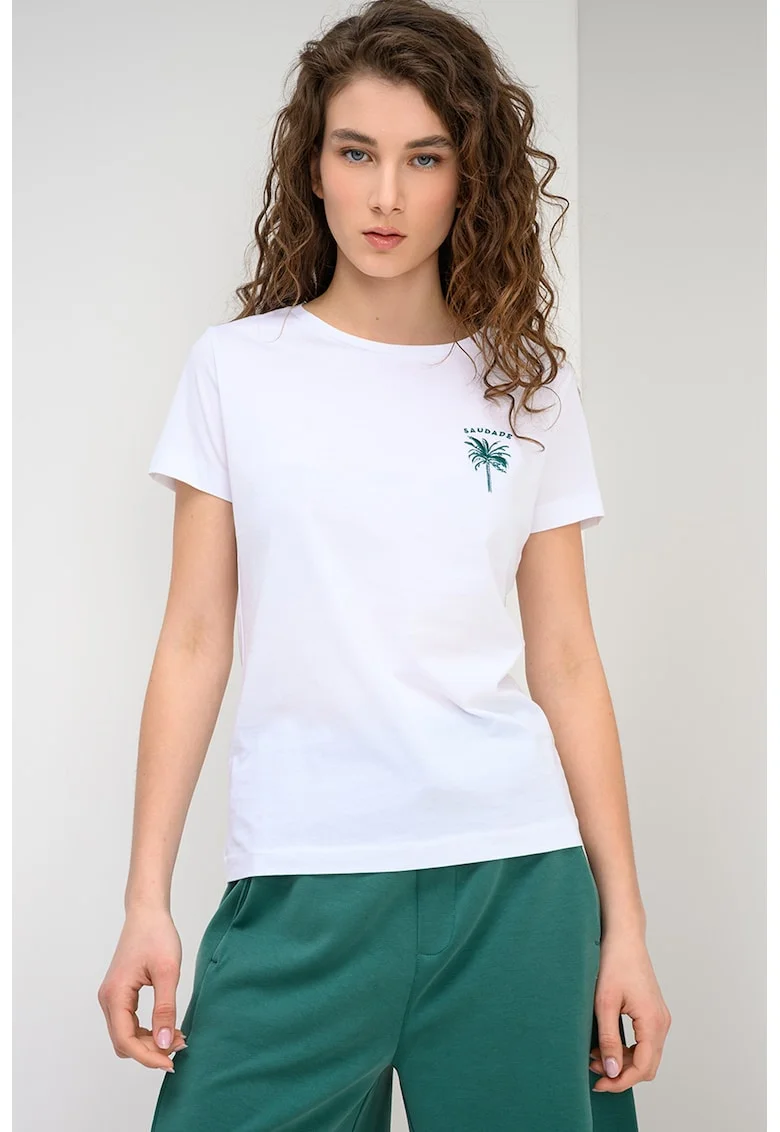 Tricou de bumbac cu decolteu la baza gatului Elove, Verde/Alb optic