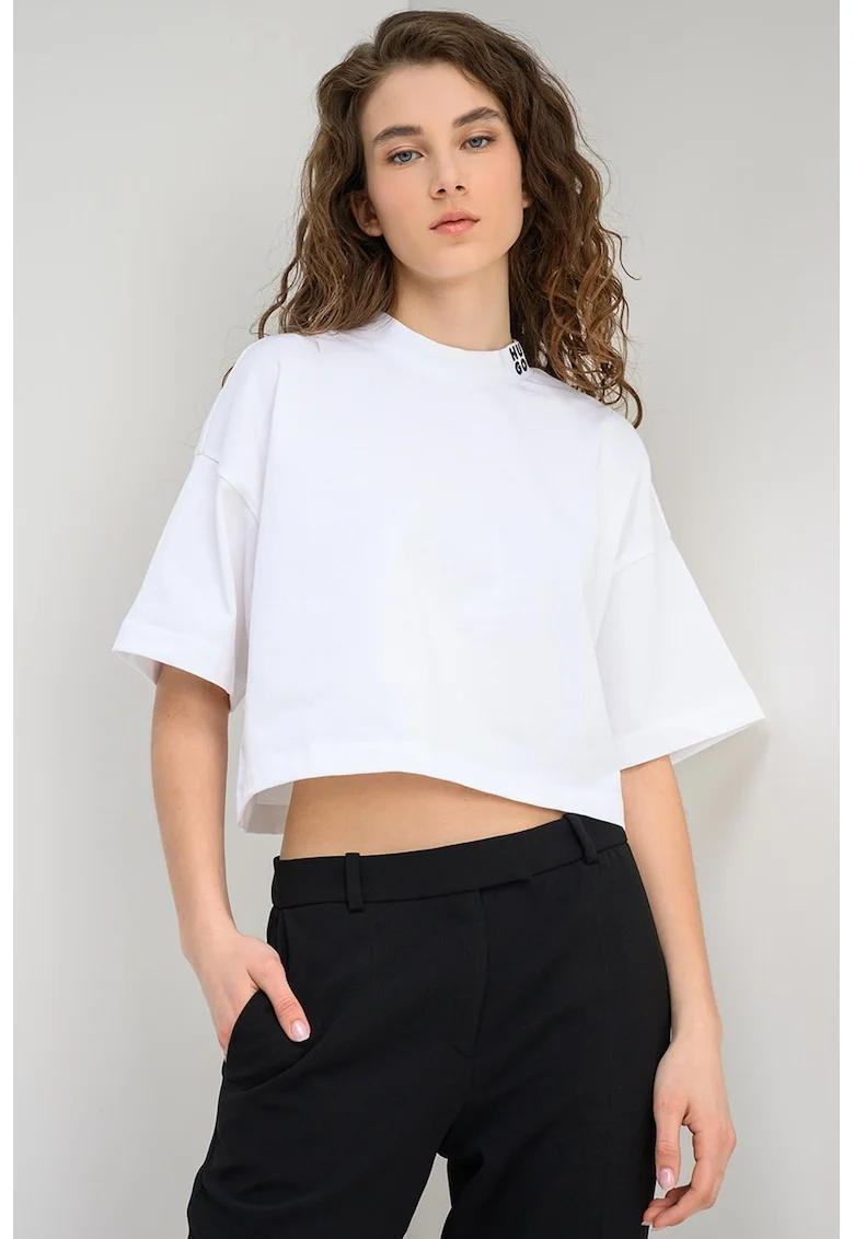 Tricou crop de bumbac cu maneci cazute, Alb optic