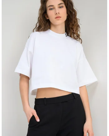 Tricou crop de bumbac cu maneci cazute, Alb optic