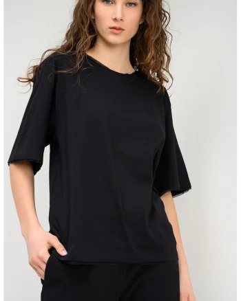 Tricou lejer din bumbac cu model uni, Negru