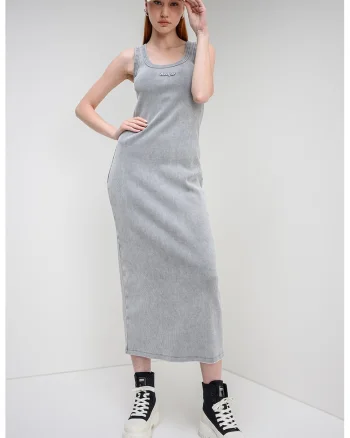 Rochie striata fara maneci cu aspect decolorat Niliyo, Gri deschis