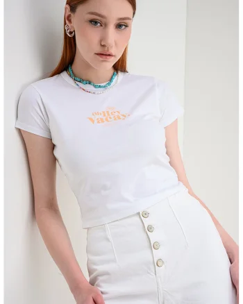 Tricou slim fit cu decolteu la baza gatului Dichroma, Alb/Portocaliu