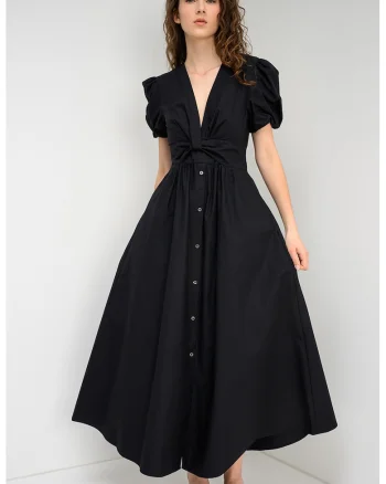 Rochie lunga cu decolteu in V si maneci bufante, Negru