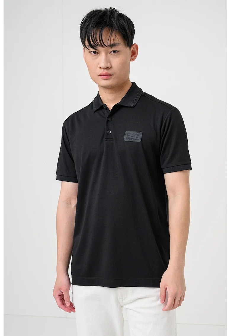 Tricou polo din amestec de modal cu aplicatie logo, Negru