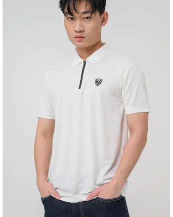 Tricou polo slim fit Train Premium Shield, Alb