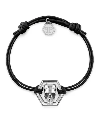 Bratara cu inchidere glisanta si talisman cu craniu, Negru, Negru/Argintiu