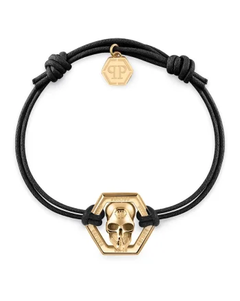 Bratara cu inchidere glisanta si talisman cu craniu, Negru, Auriu/Negru