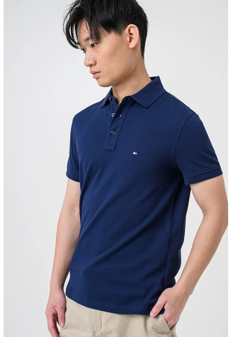 Tricou polo slim fit din amestec de bumbac organic 1985, Bleumarin