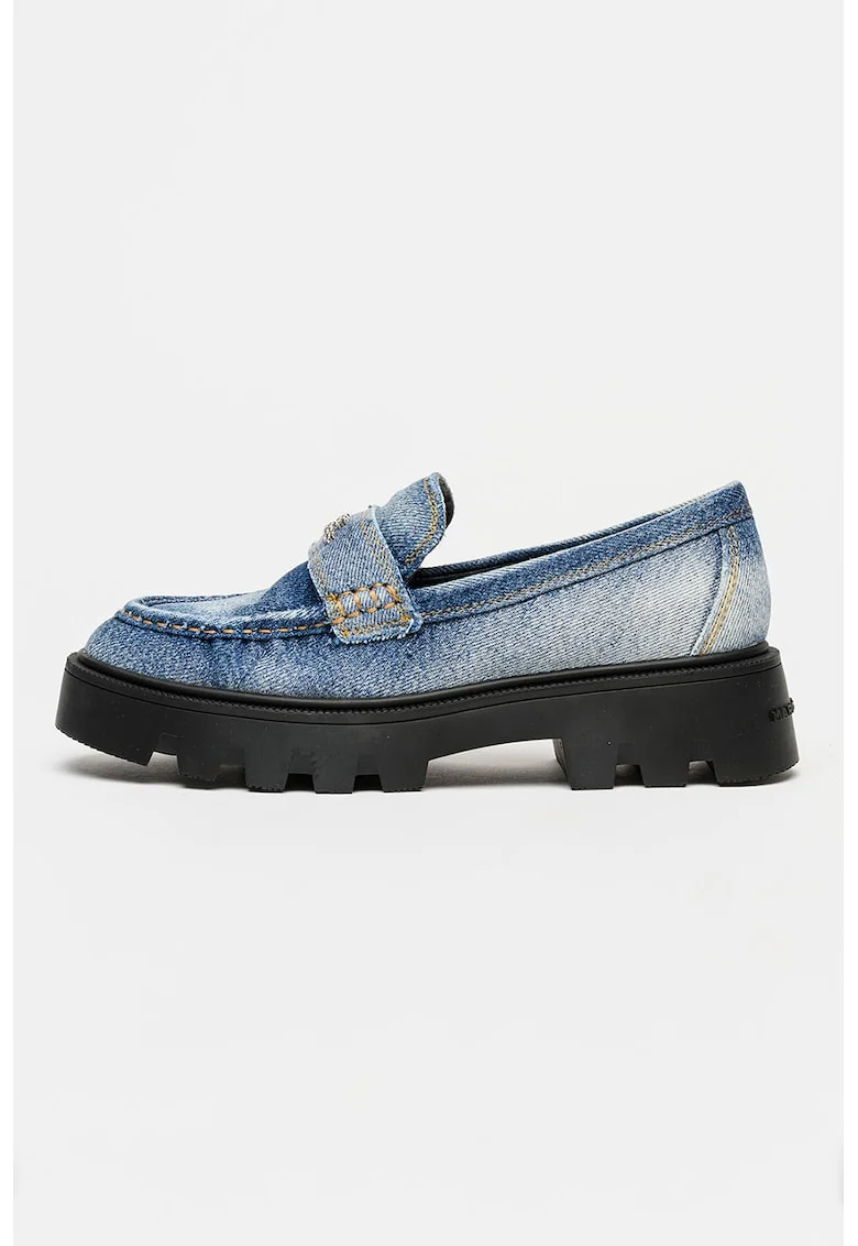 Mocasini din denim cu toc masiv, Albastru melange