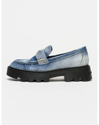 Mocasini din denim cu toc masiv, Albastru melange