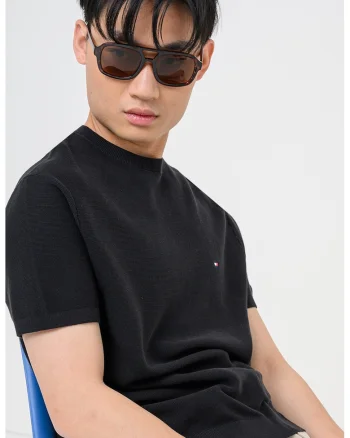 Tricou din tricot cu decolteu la baza gatului, Negru