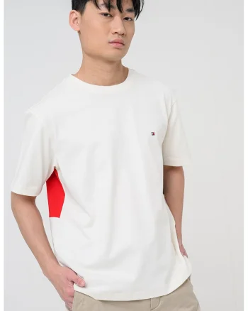 Tricou cu decolteu la baza gatului si imprimeu logo pe partea din spate, Rosu/Alb murdar