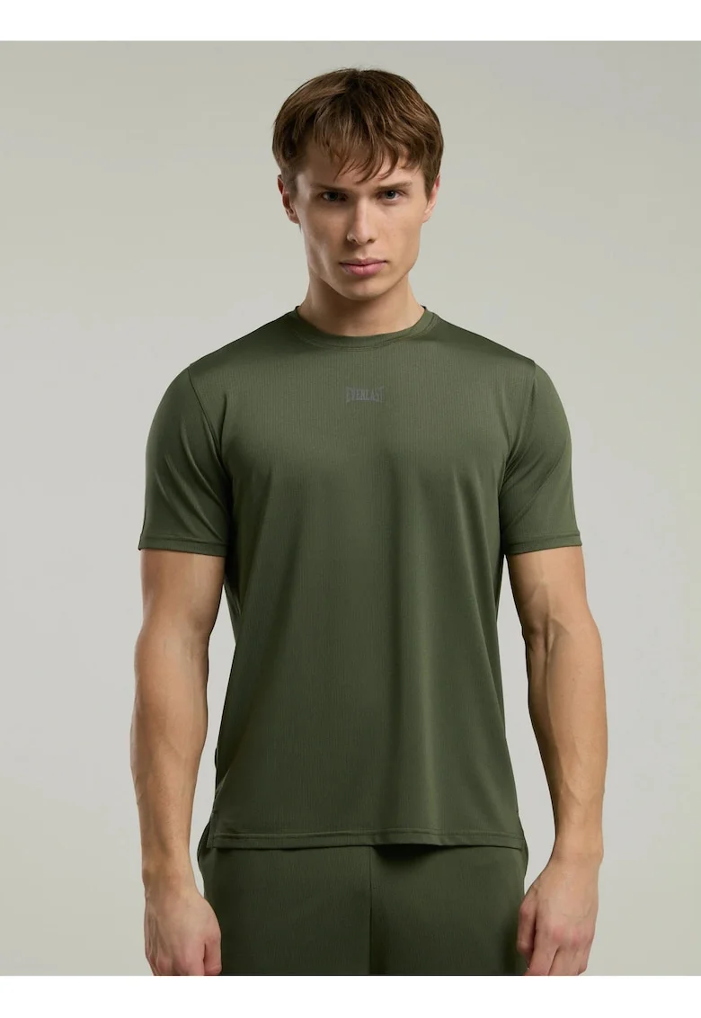 Tricou din amestec de bumbac cu decolteu la baza gatului, Kaki inchis, Kaki inchis