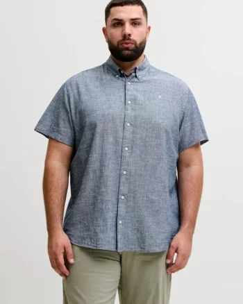 Plus Camasa barbati big sizes, din amestec de in si bumbac, Gri albastrui
