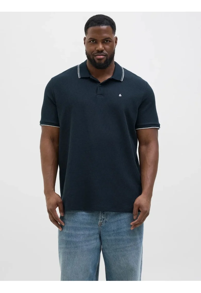 Plus Tricou polo barbati big sizes, cu logo, Regular fit, Bleumarin inchis