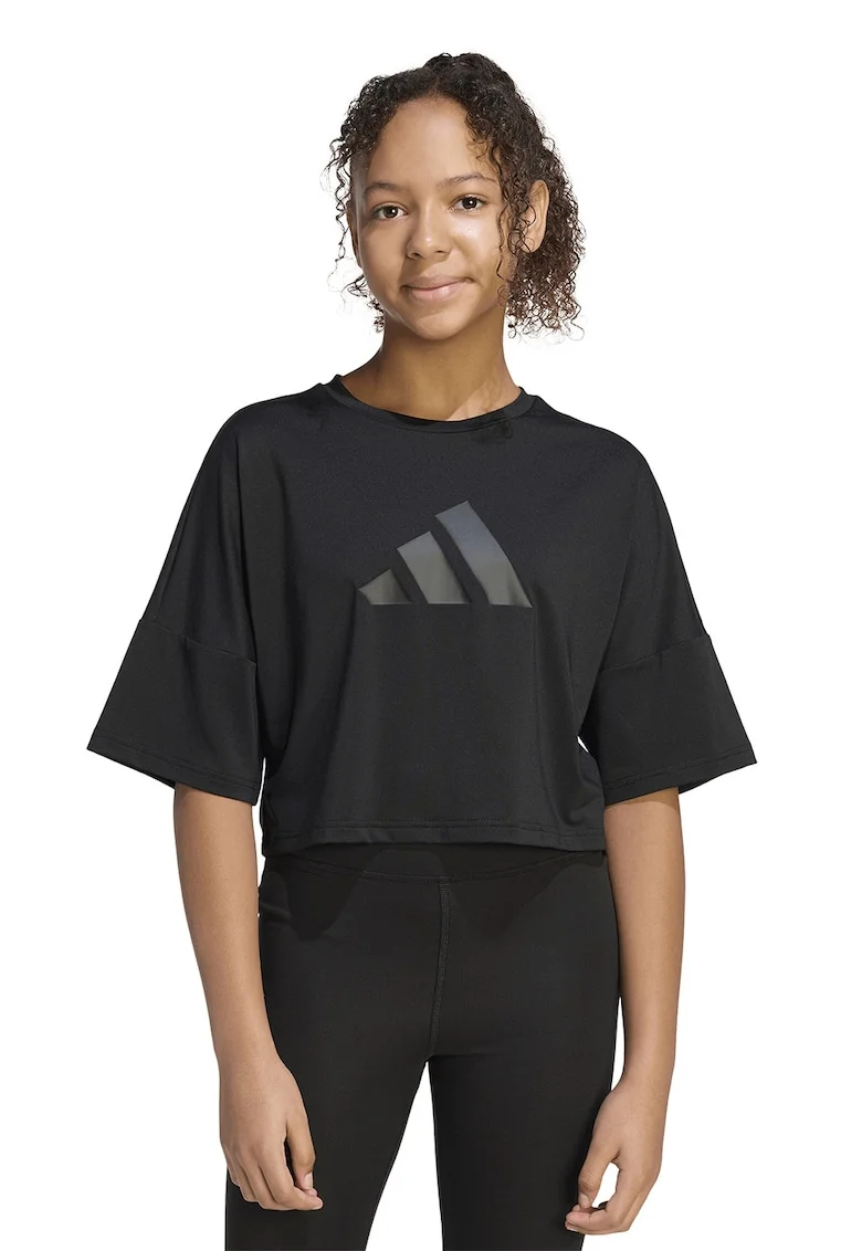 Tricou crop cu imprimeu logo si maneci cazute, Negru