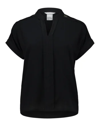 Bluza cu decolteu in V, maneci scurte si insertii brodate, Negru