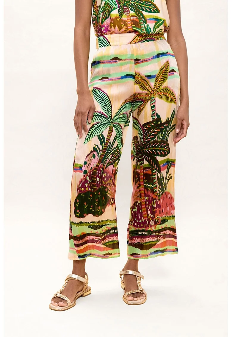 Pantaloni din modal cu model tropical, Verde deschis/Rosu deschis/Bej deschis