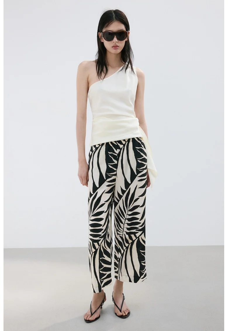 Pantaloni crop cu model, Alb/Negru