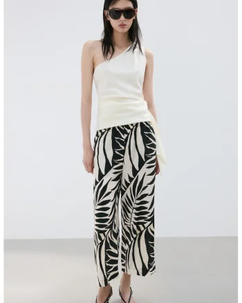 Pantaloni crop cu model, Alb/Negru