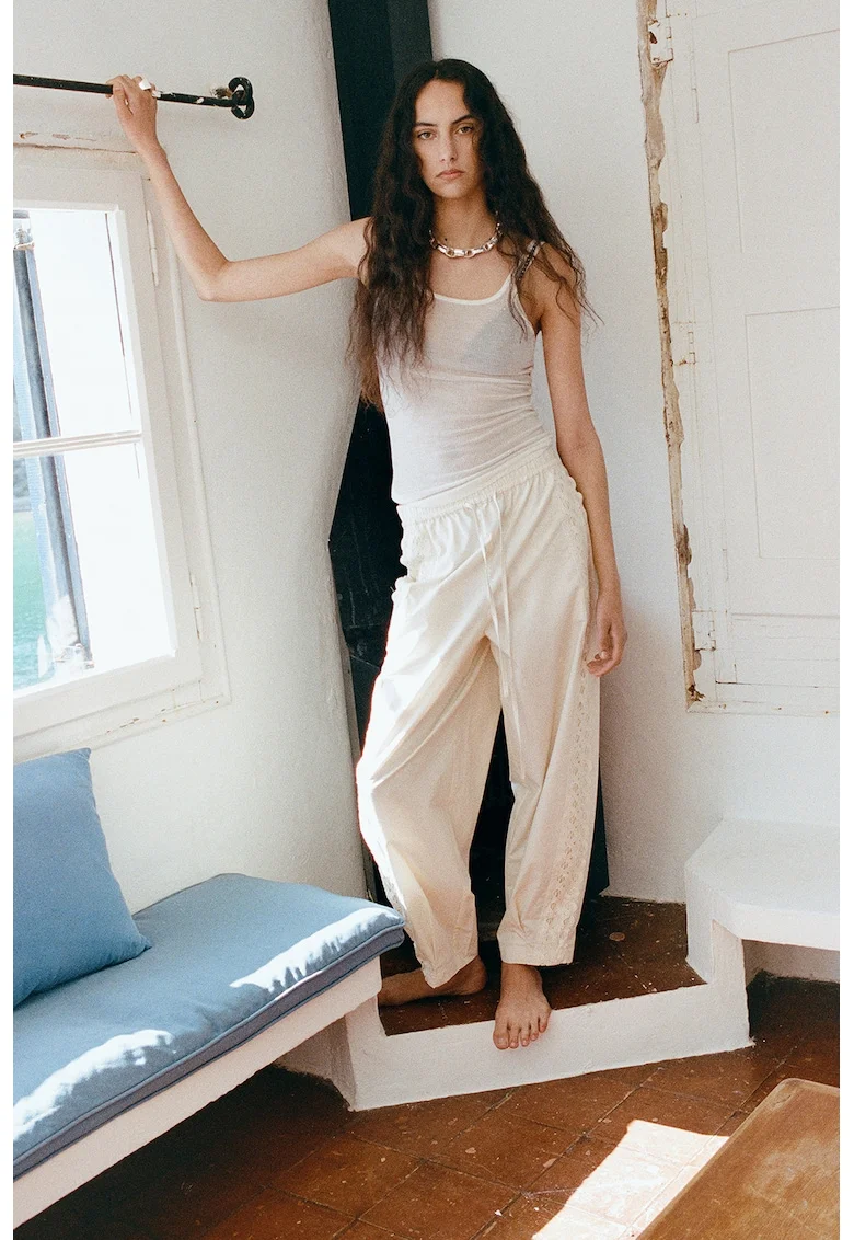Pantaloni relaxed fit cu insertii brodate, Bej deschis