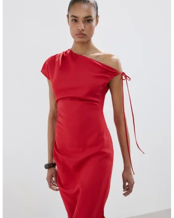 Rochie din amestec de lyocell si in cu decolteu pe un umar, Rosu