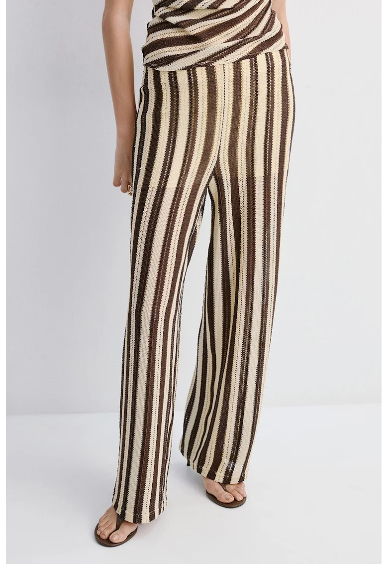 Pantaloni in dungi cu aspect crosetat, Bej deschis/Maro pamantiu