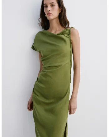 Rochie din amestec de lyocell si in cu decolteu pe un umar, Verde masliniu