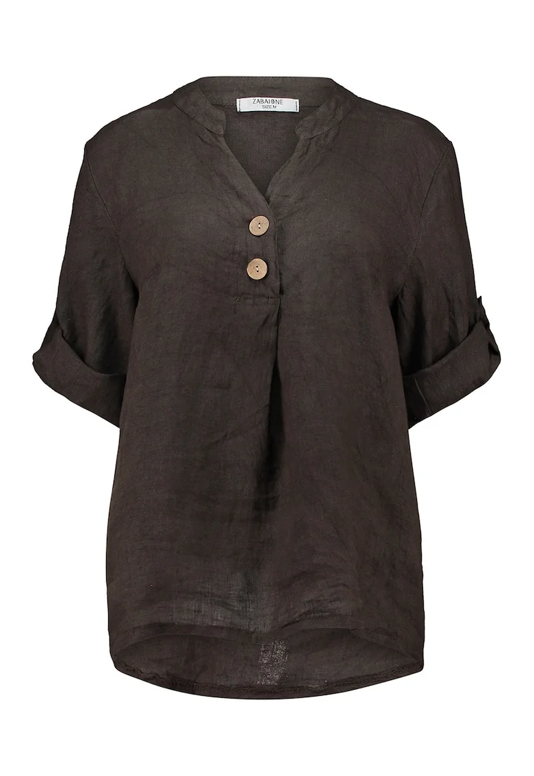 Bluza din in cu maneci ajustabile, Maro inchis