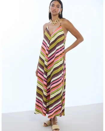 Rochie evazata cu dungi, Roz/Verde mar/Violet pruna