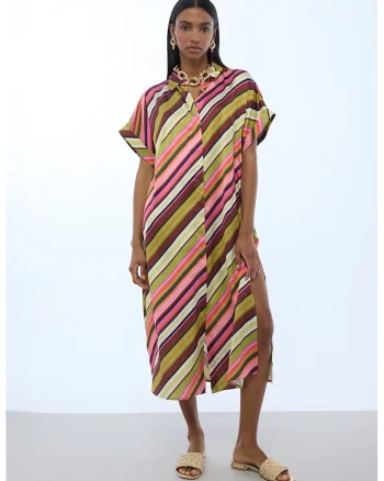 Rochie cu maneci scurte si dungi, Roz/Verde mar/Violet pruna