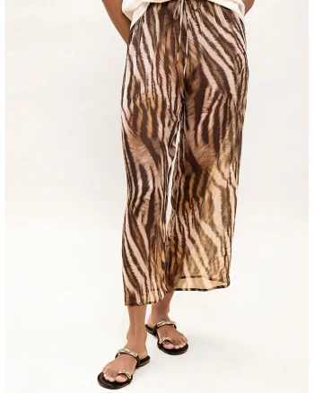 Pantaloni crop semitransparenti, Alb fildes/Maro