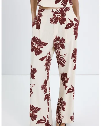 Pantaloni din amestec de in cu model si talie medie, Visiniu/Alb fildes