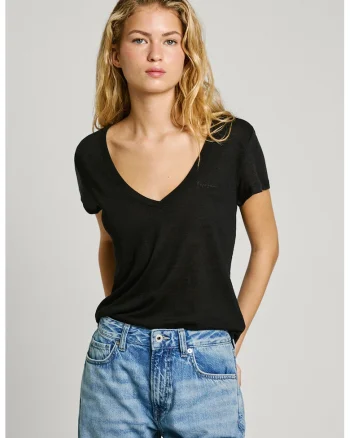 Tricou din bumbac si in cu decolteu in V Megan, Negru