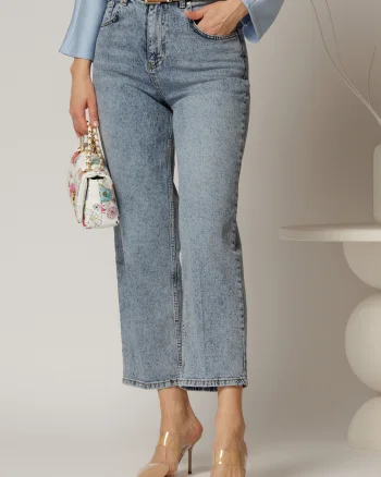 Blugi dama albastri croi mom fit cu talie inalta