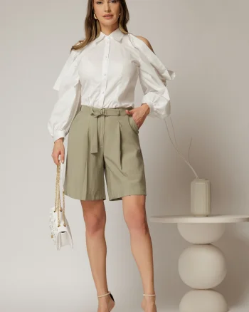 Pantaloni scurti kaki din tencel cu cordon in talie