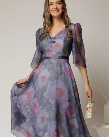 Rochie midi mov cu imprimeuri si fundite pe bust