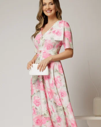 Rochie DY Fashion midi clos cu funda pe umar si print roz