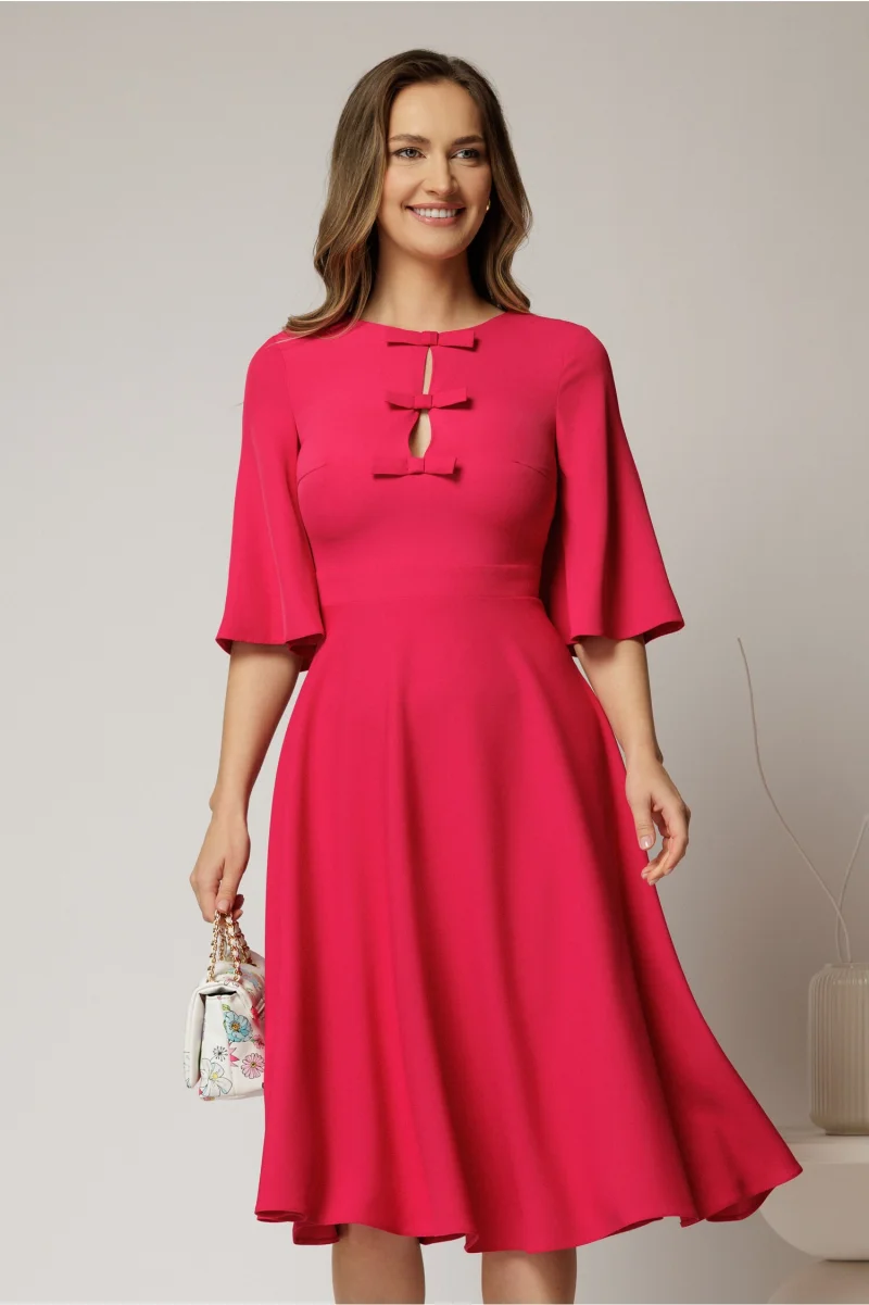 Rochie DY Fashion midi fucsia cu maneci evazate si funde pe bust