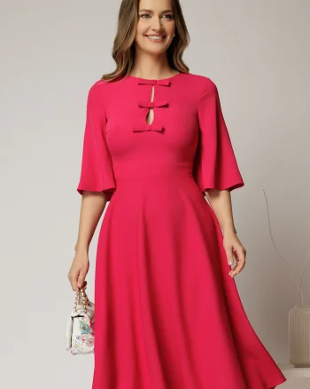 Rochie DY Fashion midi fucsia cu maneci evazate si funde pe bust