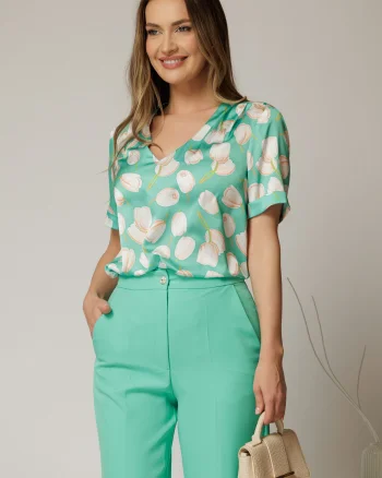 Bluza dama verde cu imprimeu lalele si maneci scurte