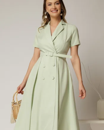 Rochie DY Fashion midi verde fistic cu decolteu petrecut si curea in talie