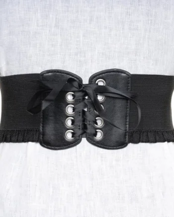 Centura lata de 10 cm din piele ecologica cu siret si capse argintii, elastic la spate