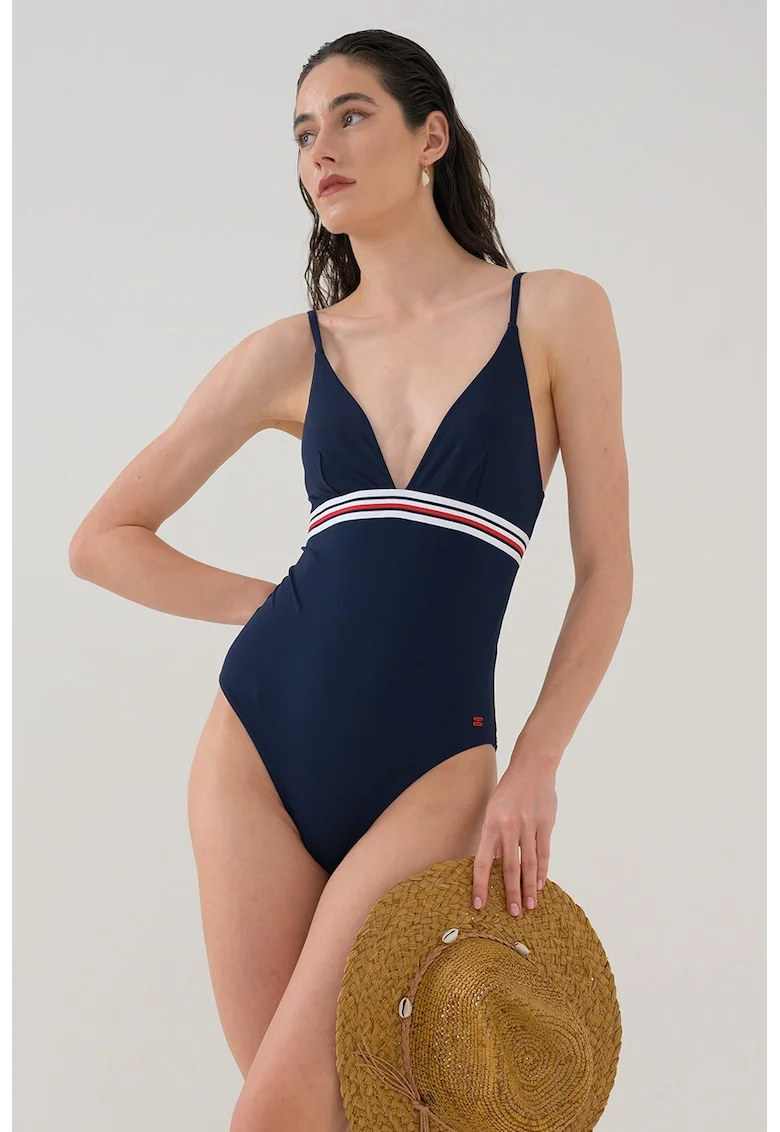 Costum de baie intreg cu decolteu in V, Rosu/Alb/Albastru ultramarin