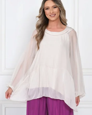 Bluza din matase naturala si vascoza, lejera cu guler intors si maneci bufante, bej