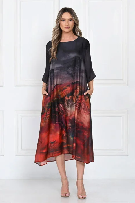 Rochie eleganta satinata A-line cu imprimeu artistic si croi lejer fluid, negru-rosu-bordo