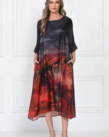 Rochie eleganta satinata A-line cu imprimeu artistic si croi lejer fluid, negru-rosu-bordo