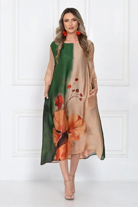 Rochie eleganta satinata A-line cu imprimeu floral artistic si croi lejer fluid, verde-bej-caramel